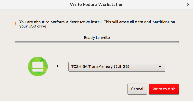 Fedora 28 Media Writer to disk