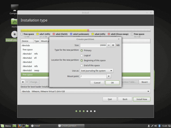 Linux Mint create root partition