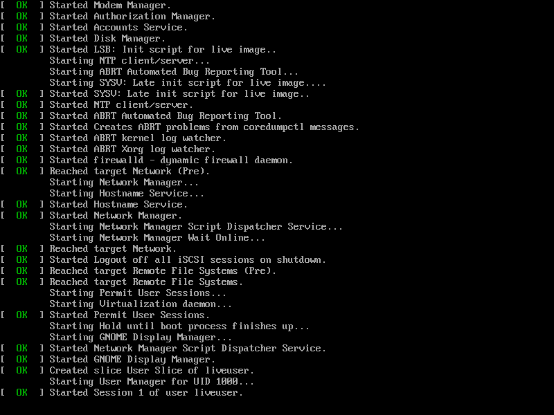 Fedora 28 live boot messages