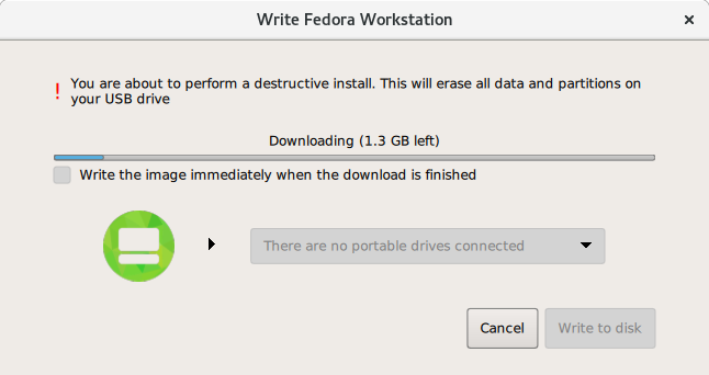 Fedora 28 Media Writer downloading iso